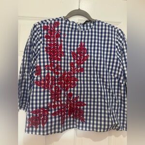 Zara Blue Gingham Top with Red Floral Embroidery Embroidered